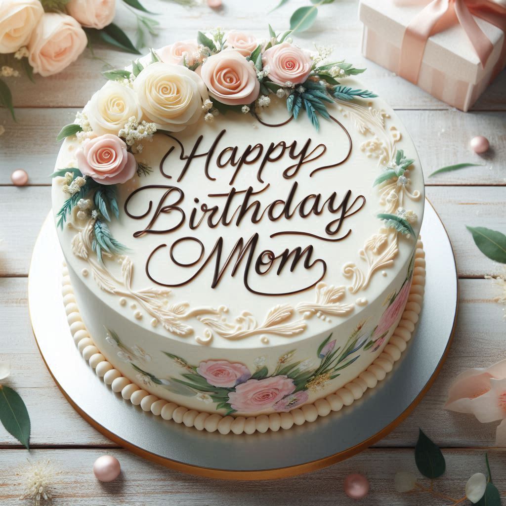 A beautifully decorated cake with floral designs and the text Happy Birthday Mom written in elegant cursive on top.