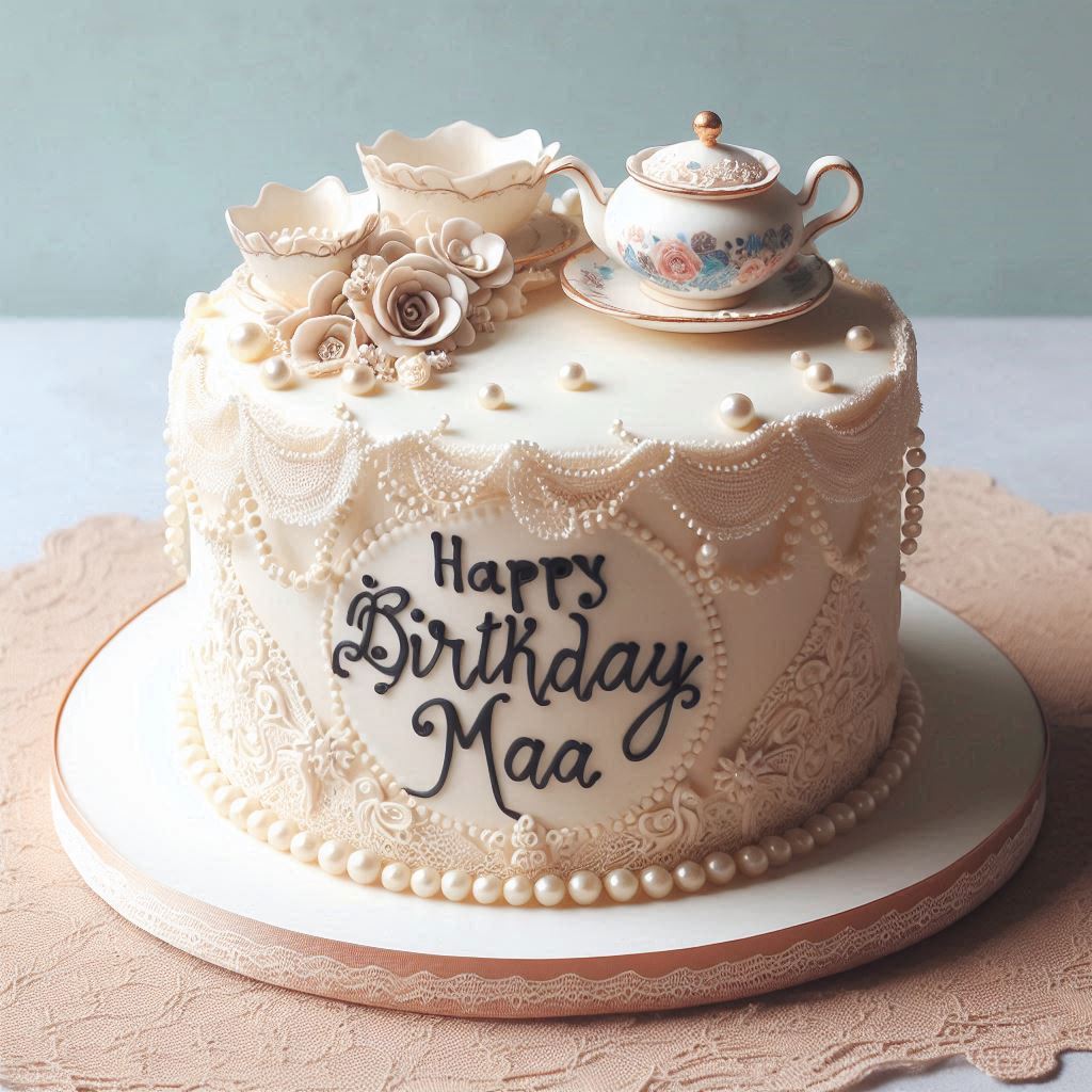 A charming tea party-style cake decorated with lace and pearls, showcasing Happy Birthday Maa in a delicate font.