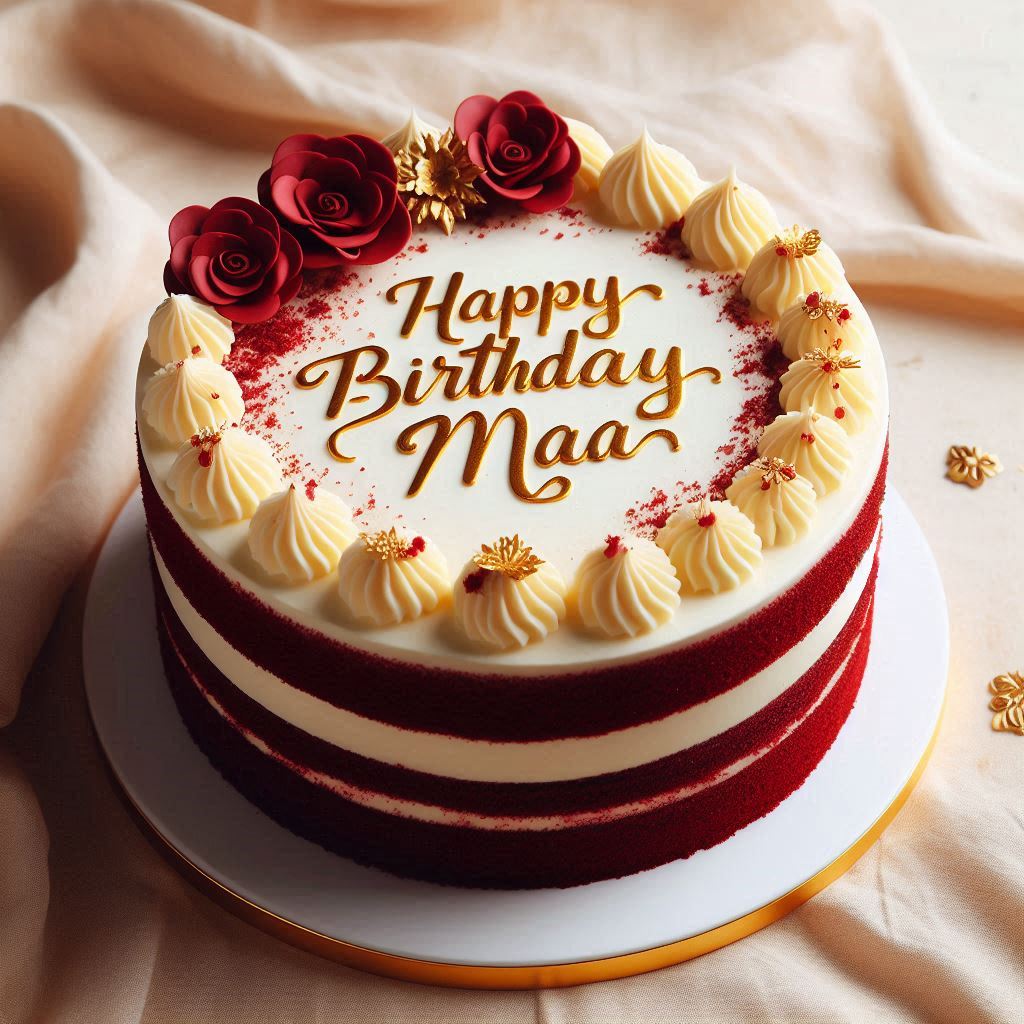 A classic red velvet cake with cream cheese frosting, featuring Happy Birthday Maa written in gold lettering on a decorative ribbon around the cake.