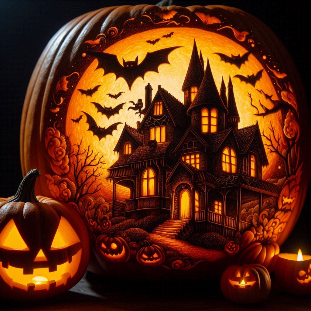 A close-up of a detailed pumpkin carving featuring a spooky haunted house, bats flying in the sky, and a grinning jack o lantern, illuminated from within by a warm, flickering candle.