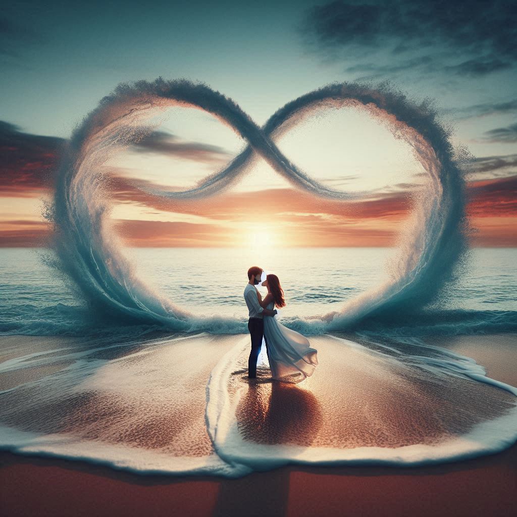 A couple embracing on a timeless beach at sunset, with waves forming the infinity symbol around them.A couple embracing on a timeless beach at sunset, with waves forming the infinity symbol around them.