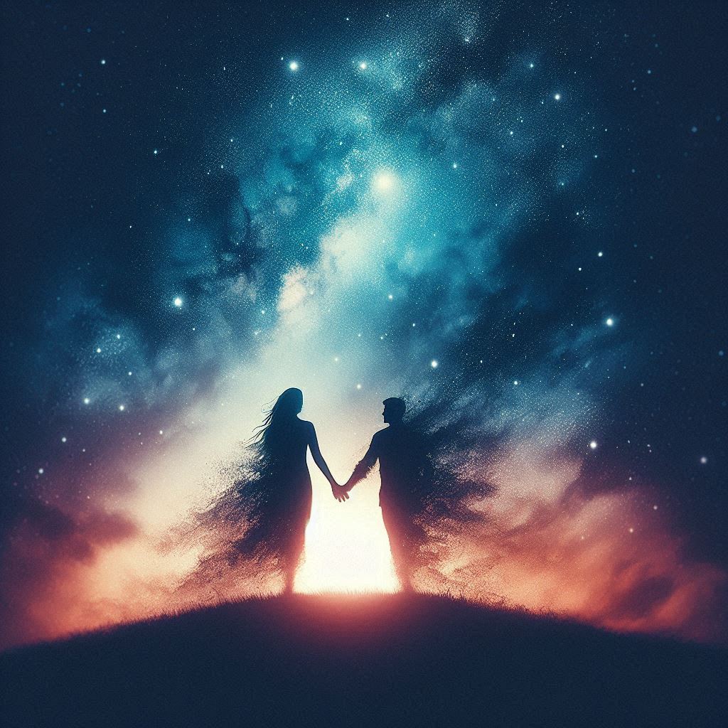 A couple holding hands under a sky filled with stars, their silhouettes blending into the horizon, symbolizing eternal love.