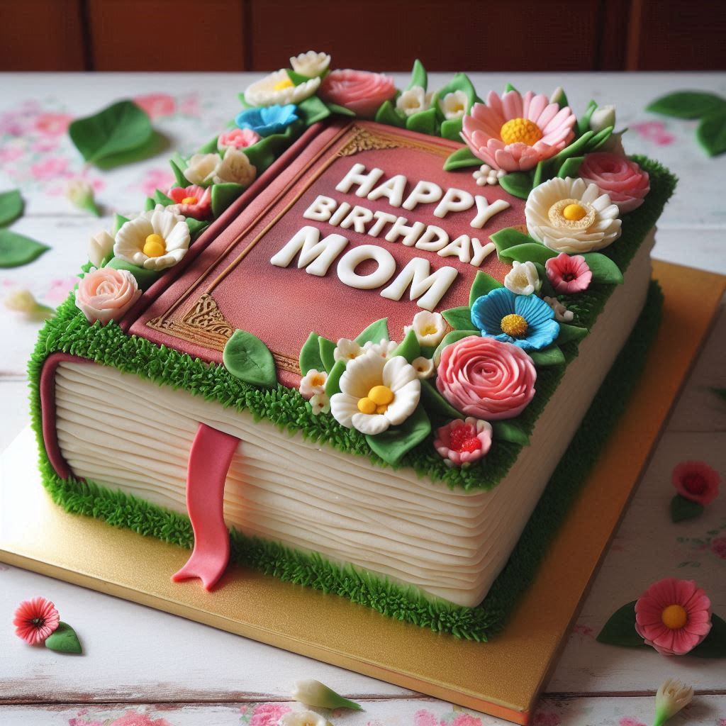 A creative cake designed as a book, with Happy Birthday Mom written on the cover, surrounded by edible flowers.