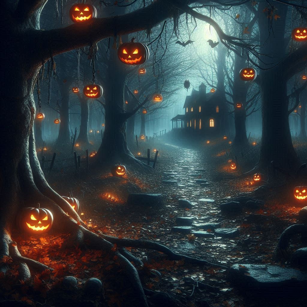 A dark, enchanted forest scene with glowing jack o lanterns hanging from tree branches, casting eerie shadows, while a path of fallen leaves leads to a haunted house in the distance.