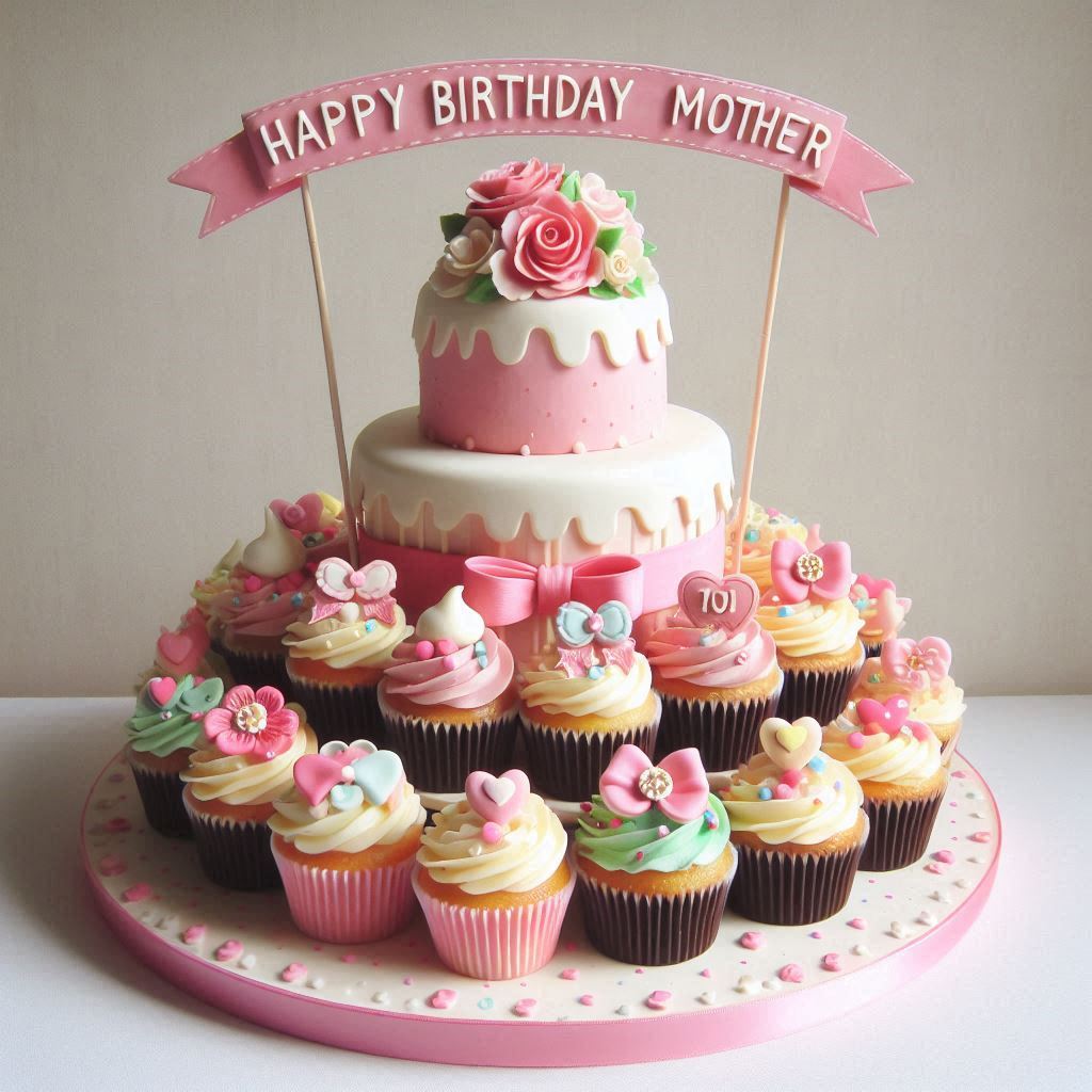 A delightful cupcakes tower with a cake on top, adorned with Happy Birthday Mother on a cute banner strung between the cupcakes.