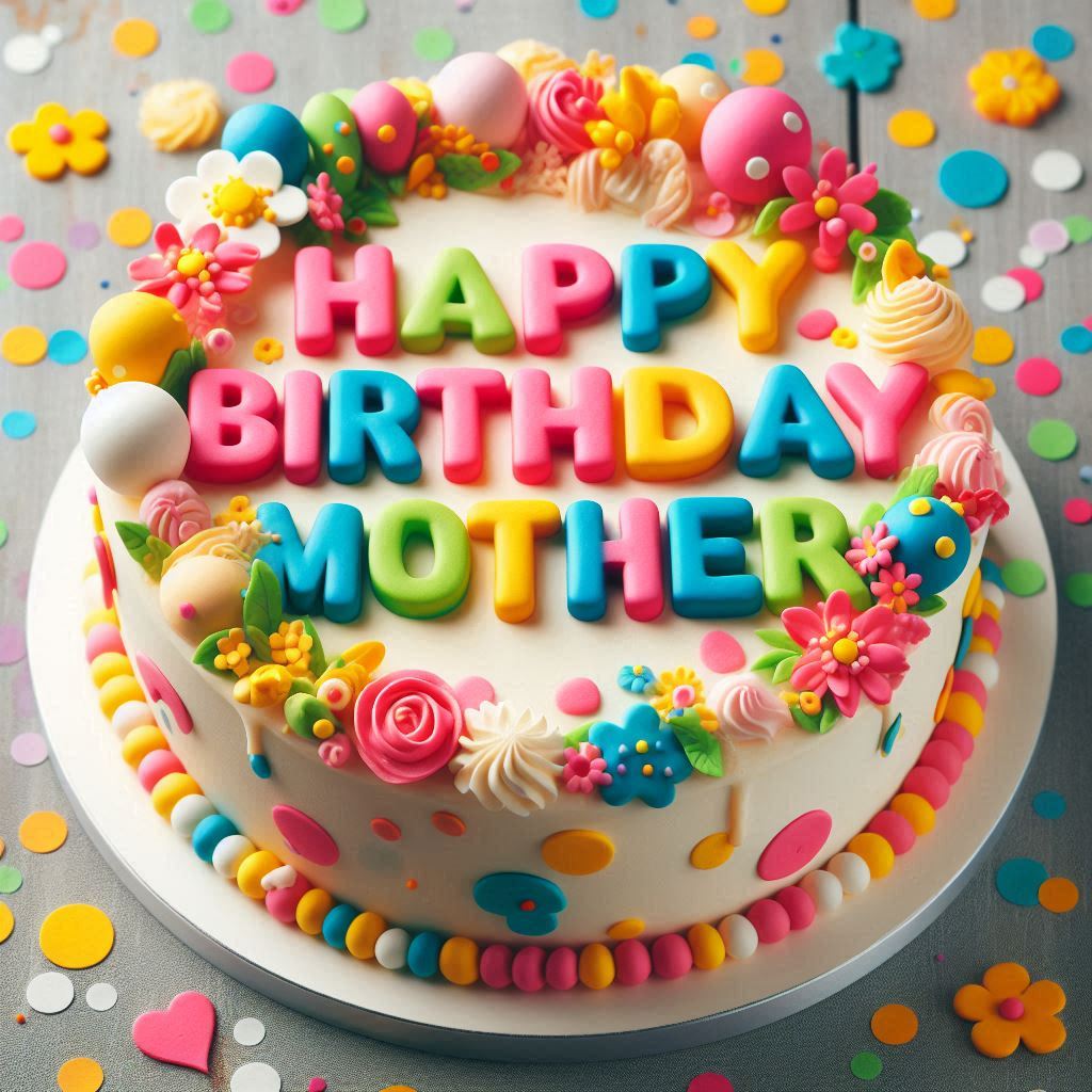 A fun and festive cake decorated with colorful balloons and confetti, showcasing Happy Birthday Mother in cheerful, multicolored letters.