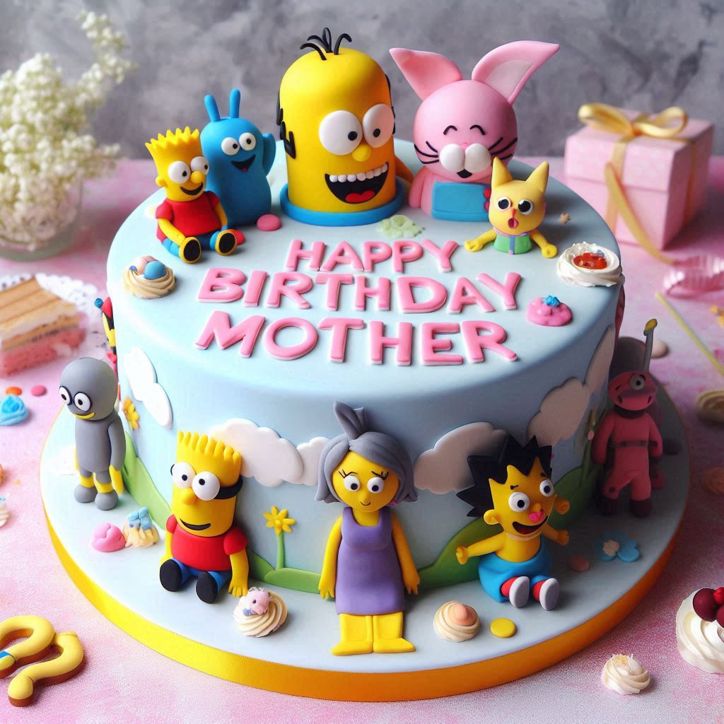 A fun cartoon-inspired cake featuring favorite characters, with Happy Birthday Mother designed playfully around the cake. (1)