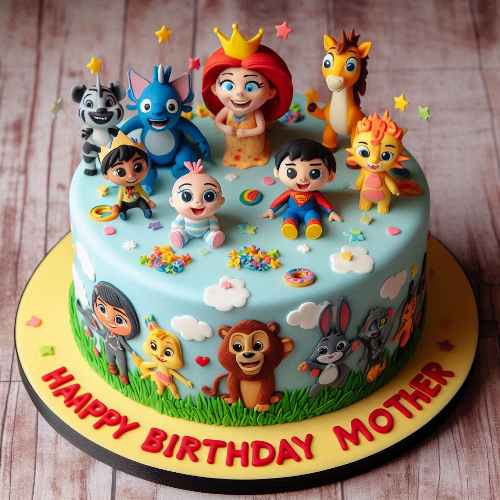 A fun cartoon-inspired cake featuring favorite characters, with Happy Birthday Mother designed playfully around the cake.