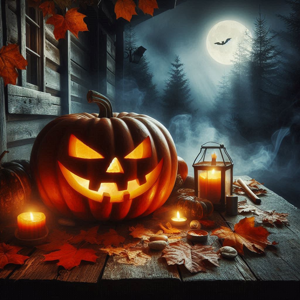 A glowing jack o lantern sits on a rustic wooden porch, its carved face beaming in the moonlight, surrounded by fall leaves, flickering candles, and a spooky mist rolling in from the forest.