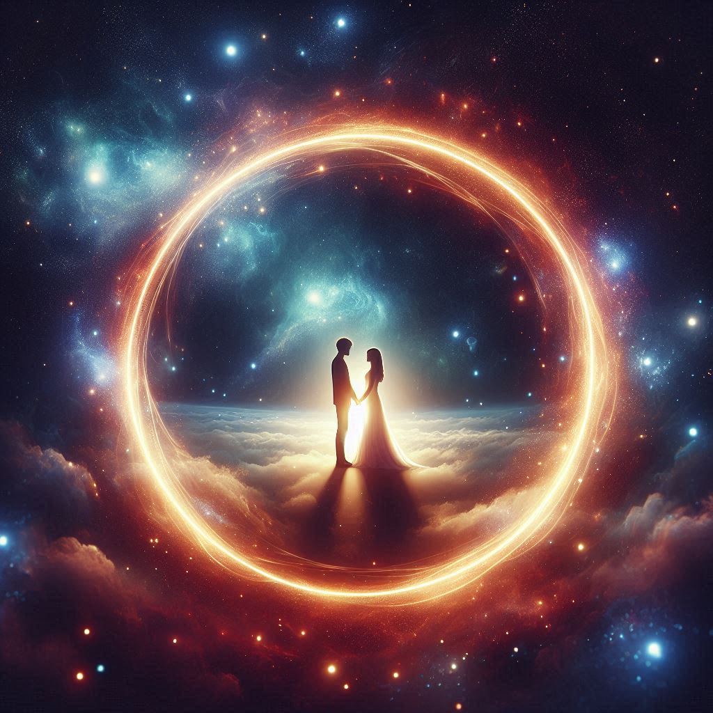 A glowing ring of light encircling a couple, floating in a galaxy of stars and nebulae, symbolizing their infinite bond.