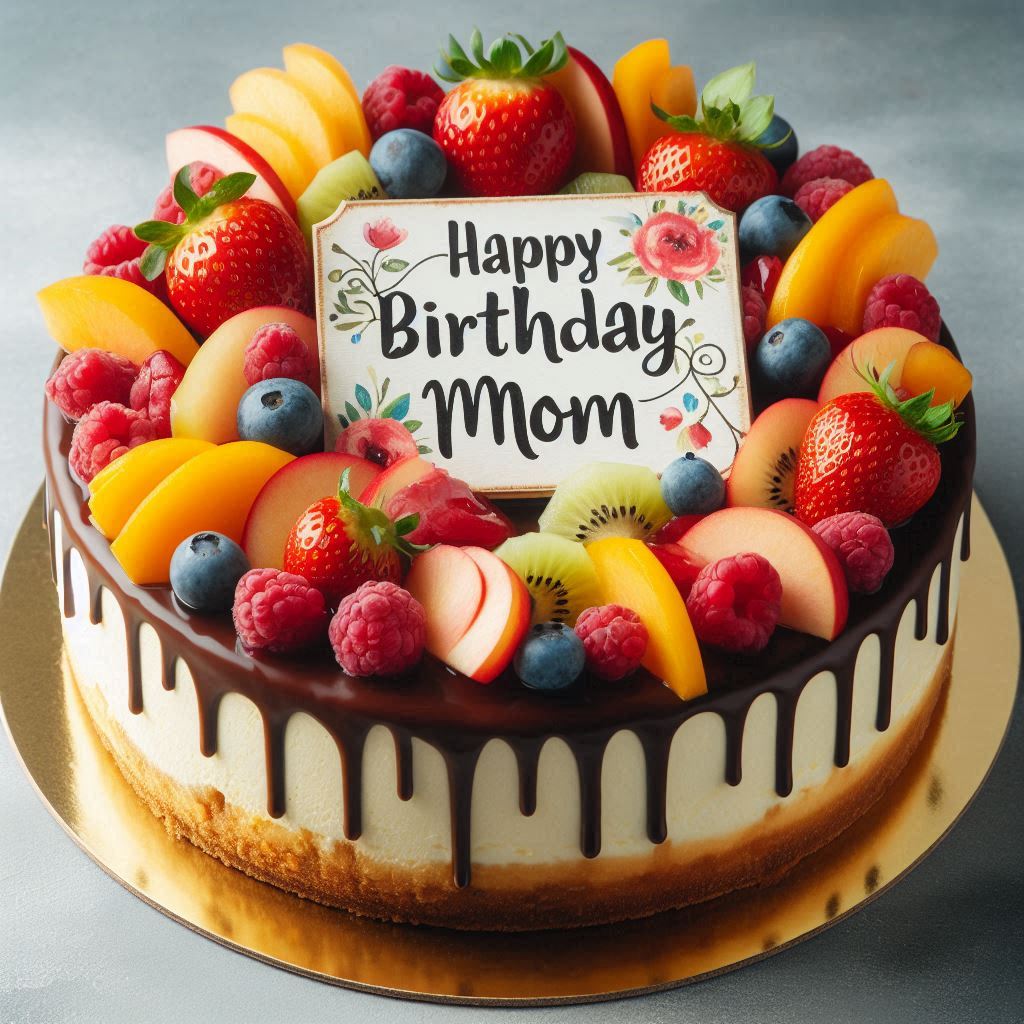 A gourmet cheesecake topped with fresh fruit and a chocolate drizzle, with Happy Birthday Mom written on a small decorative sign next to it. (1)