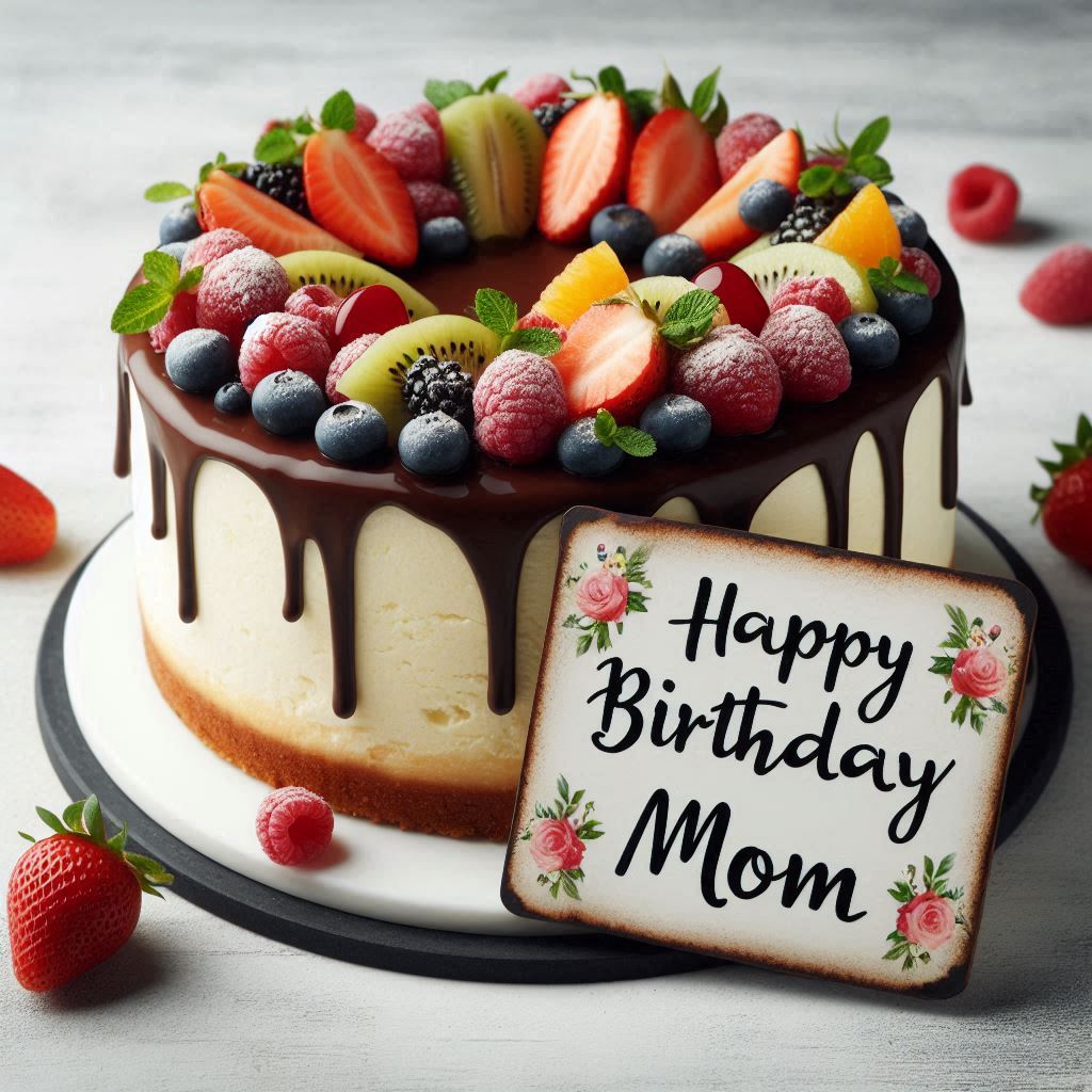 A gourmet cheesecake topped with fresh fruit and a chocolate drizzle, with Happy Birthday Mom written on a small decorative sign next to it.