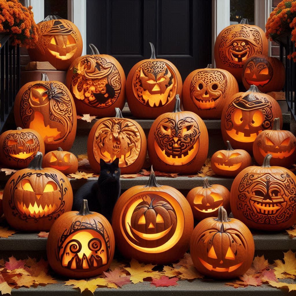 A group of pumpkins arranged on a front porch, each carved with intricate Halloween designs—witches, ghosts, and bats—with autumn leaves swirling around and a black cat lurking nearby.