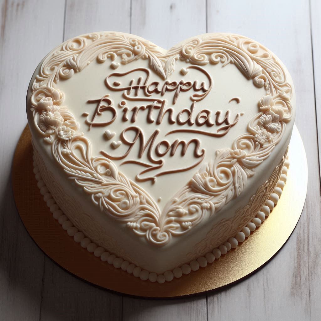 A heart-shaped cake with intricate piping designs, with Happy Birthday Mom written in elegant script along the edges.