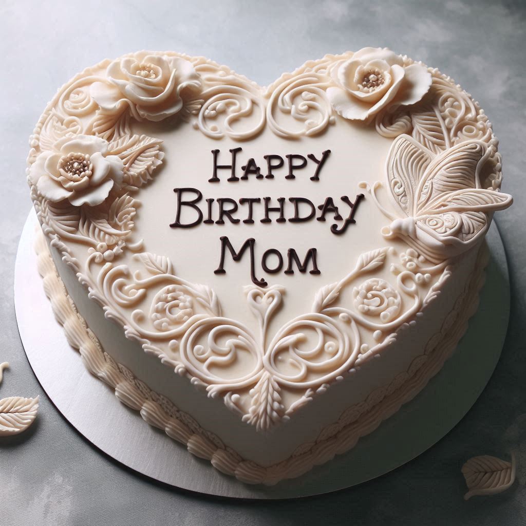 A heart-shaped cake with intricate piping designs, with Happy Birthday Mom written in elegant script along the edges.