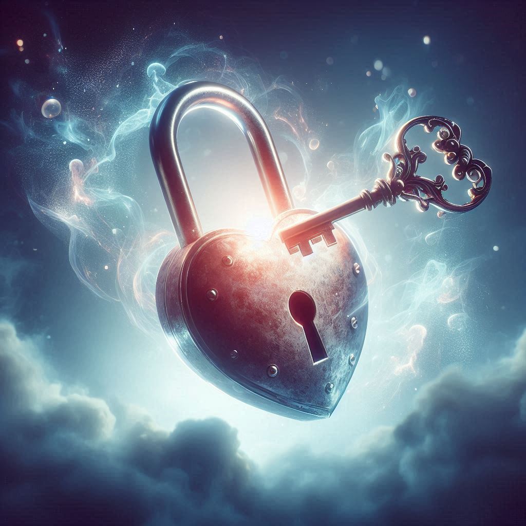 A heart-shaped lock and key floating in an ethereal space, symbolizing the everlasting connection between two souls.