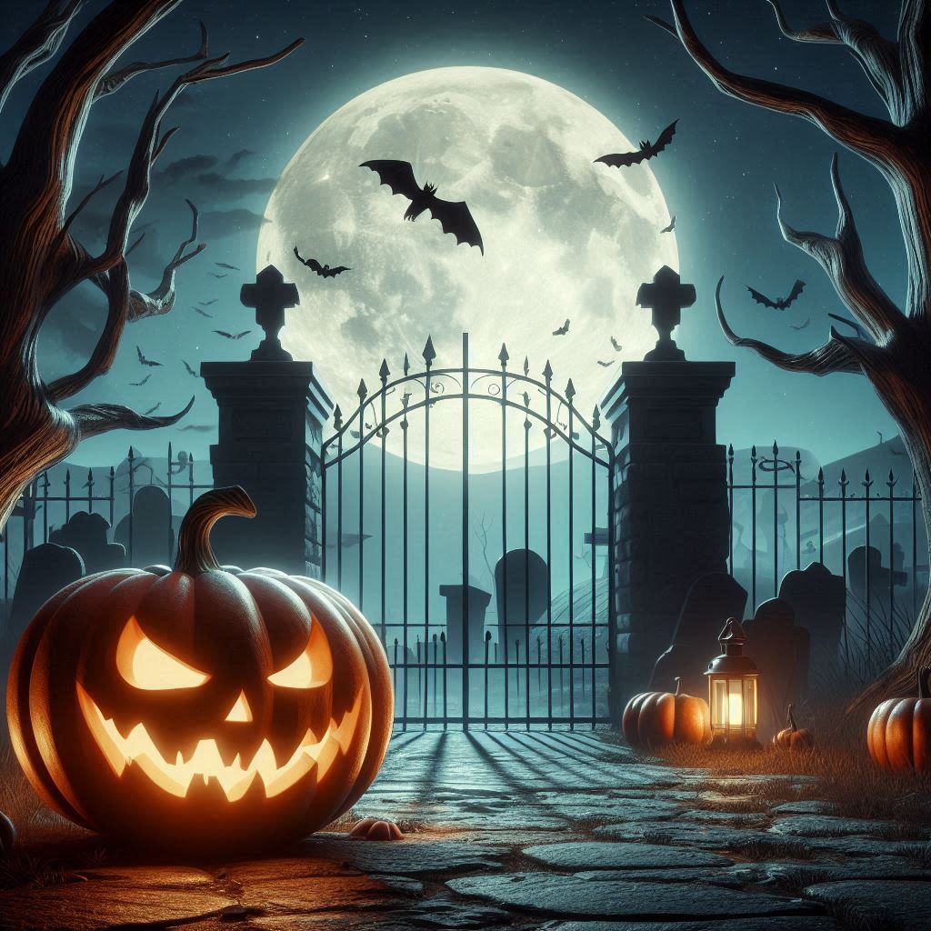 A spooky night scene with pumpkins lining a path through the woods, their glowing faces guiding the way, as Halloween decorations like skeletons and ghosts hang from trees.