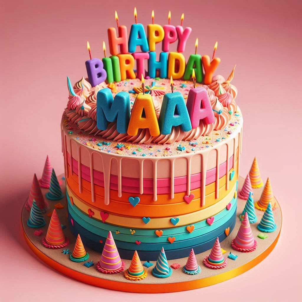 A multi-layered cake with colorful frosting and Happy Birthday Maa in bold, playful letters on top, surrounded by mini party hats.