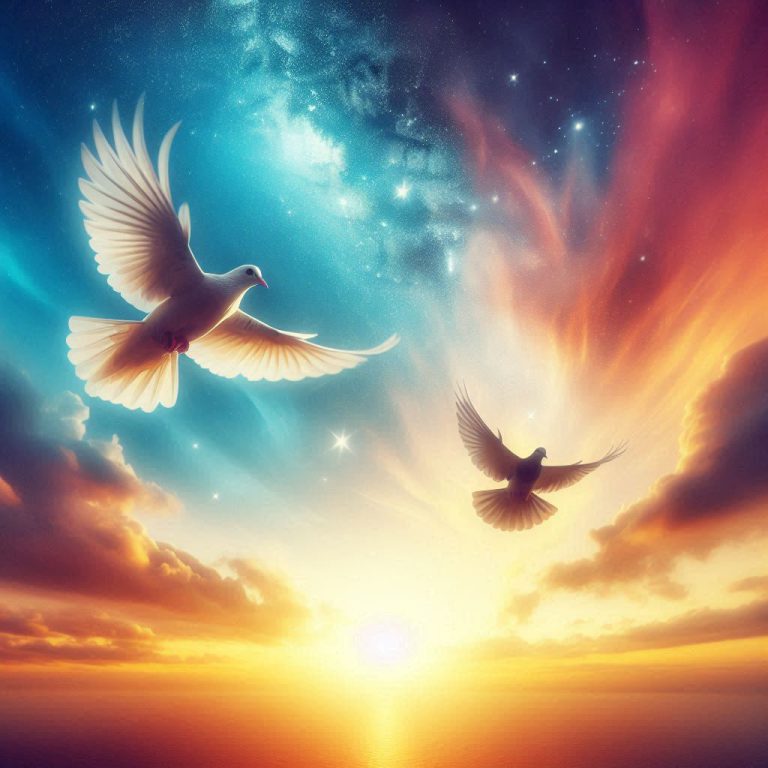 A pair of doves flying together towards a never-ending horizon, with the sky blending into a spectrum of warm colors.