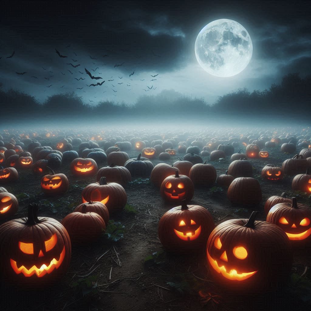 A pumpkin patch at twilight with hundreds of pumpkins scattered across the field, some already carved into spooky faces. An eerie fog covers the ground, while the full moon shines brightly overhead.