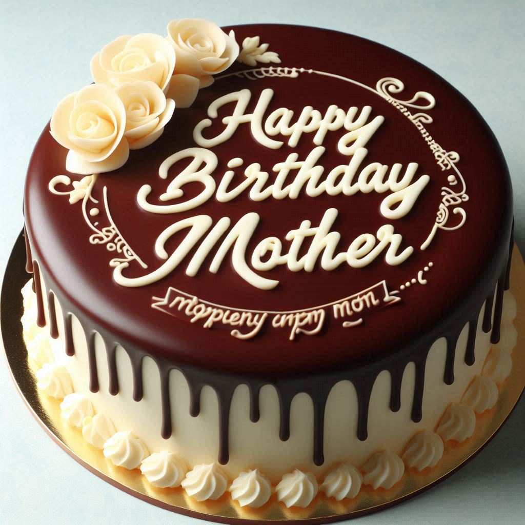 A rich, moist cake with a shiny chocolate glaze, featuring Happy Birthday Mother elegantly inscribed on a white chocolate plaque.