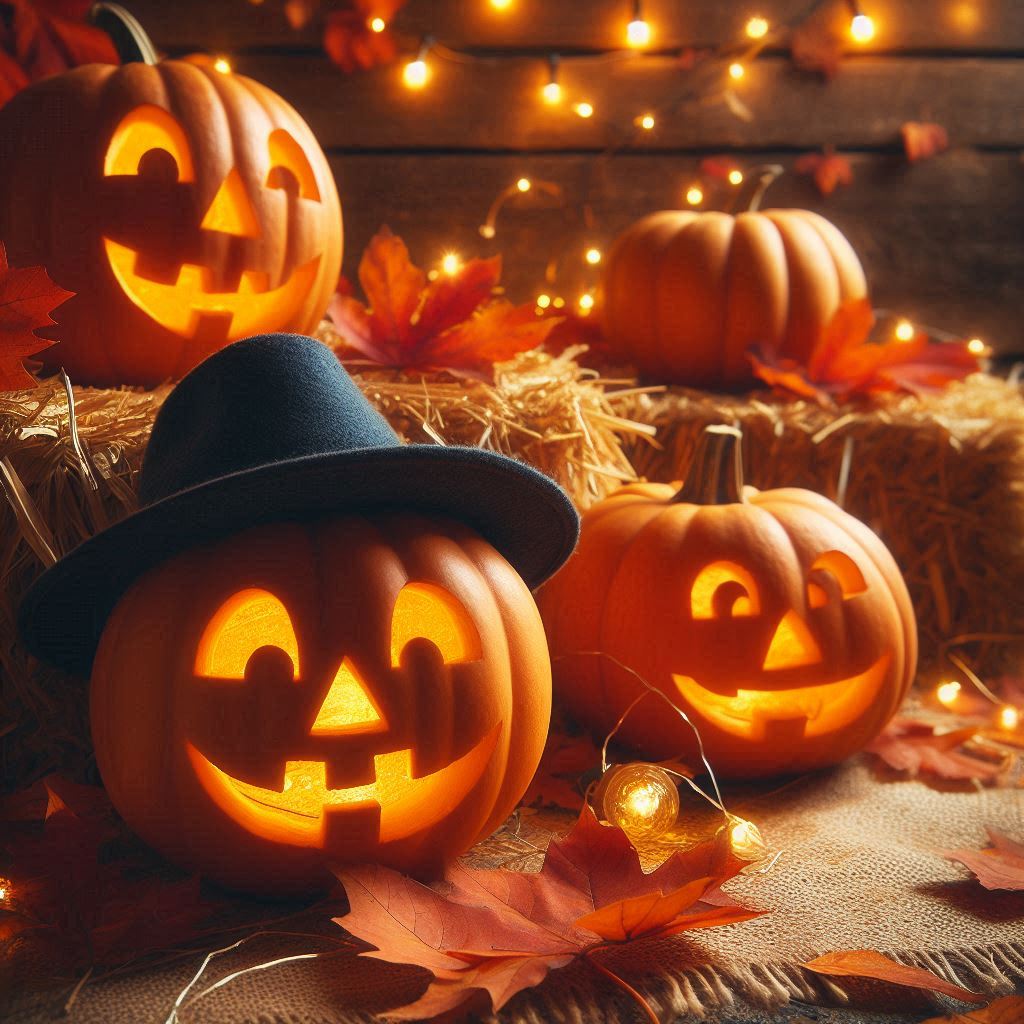 A row of pumpkins carved with cute, playful faces sitting on hay bales, framed by autumn leaves and fairy lights, perfect for a cozy, festive Halloween evening.