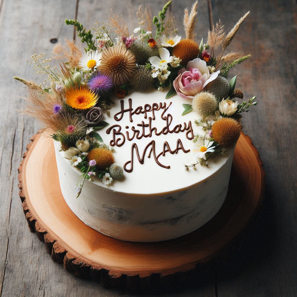 A rustic-style cake with a wooden slice as a base, featuring Happy Birthday Maa inscribed on the slice surrounded by wildflowers.