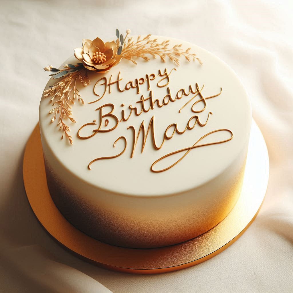 A simple and elegant cake with a gold shimmer finish, adorned with Happy Birthday Maa in stylish lettering on top, accented by delicate greenery.