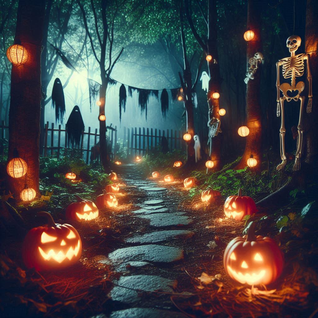 A spooky night scene with pumpkins lining a path through the woods, their glowing faces guiding the way, as Halloween decorations like skeletons and ghosts hang from trees.