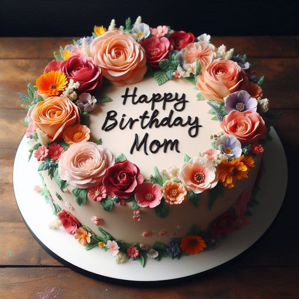 A stunning floral-themed cake with edible flowers and Happy Birthday Mom written artistically around the base. (1)