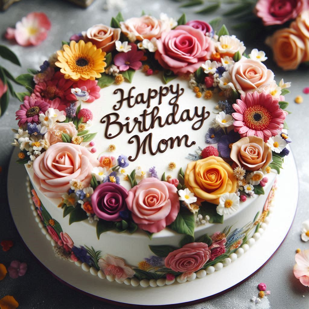 A stunning floral-themed cake with edible flowers and Happy Birthday Mom written artistically around the base. (2)