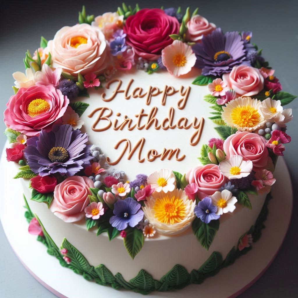 A stunning floral-themed cake with edible flowers and Happy Birthday Mom written artistically around the base.