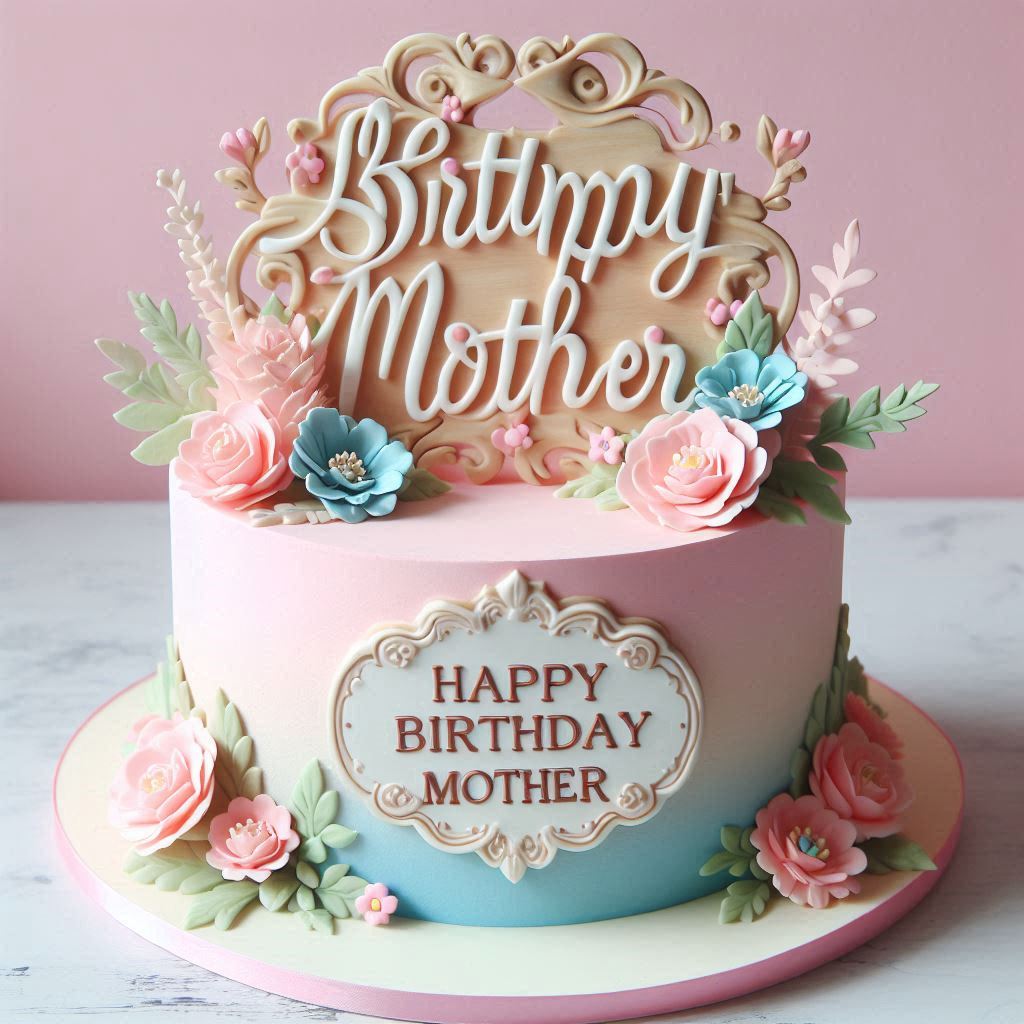 A two-tier cake with a pastel color scheme and Happy Birthday Mother displayed prominently on a decorative cake topper.