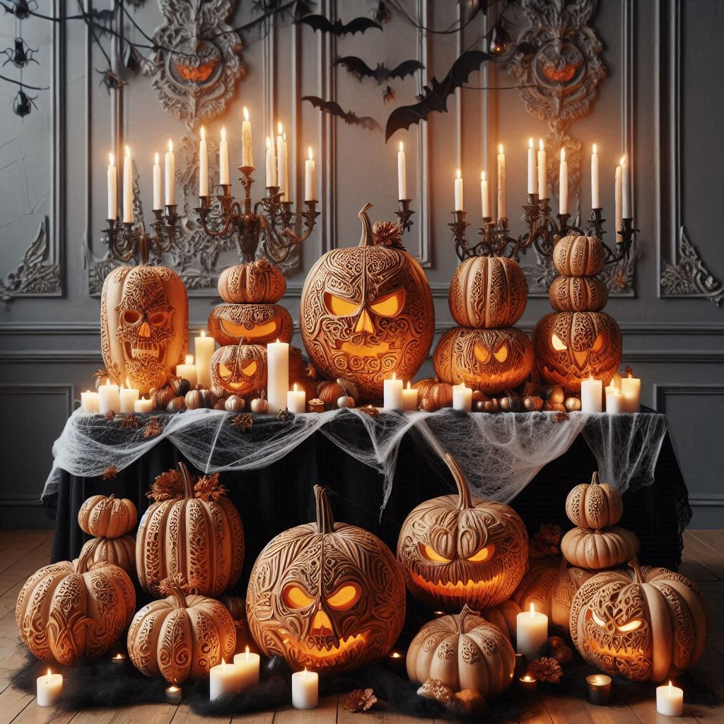 An elegant Halloween party setup with beautifully carved pumpkins as centerpieces, each featuring elaborate, ornate designs, surrounded by candles, spider webs, and Halloween-themed decorations.